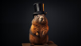 
A groundhog in a top hat poses in a photo studio. isolated on black background. copy space