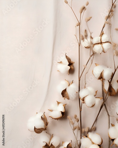 A serene and stylish vertical background featuring delicate cotton plants, perfect for ecofriendly and naturalthemed social media posts, exuding an air of elegance and environmental consciousness. photo