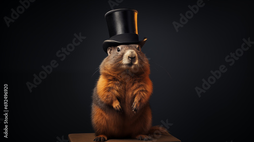 
A groundhog in a top hat poses in a photo studio. isolated on black background. copy space photo