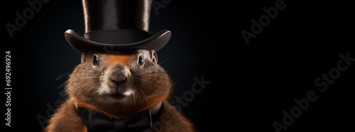 
A groundhog in a top hat poses in a photo studio. isolated on black background. copy space.banner