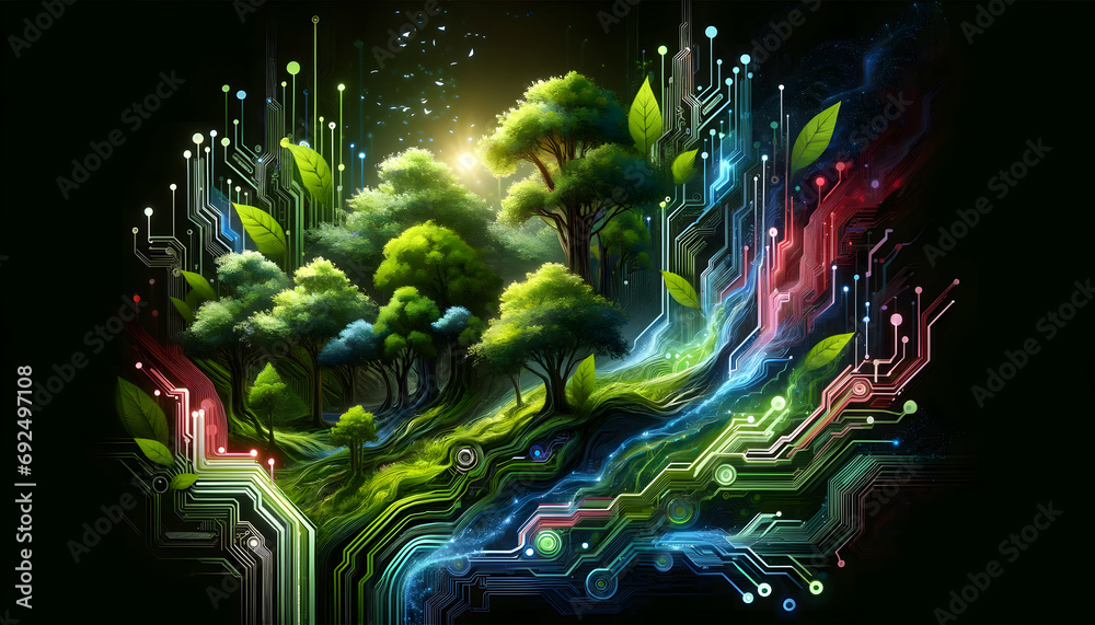 This image artistically merges technology and nature, showcasing a lush green forest interwoven with futuristic digital elements, circuit patterns, and holographic interfaces