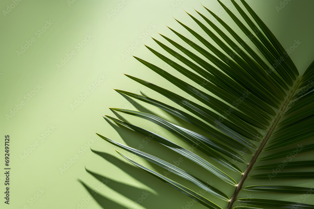 Obraz premium Palm leaf casting shadow on green background with copy space