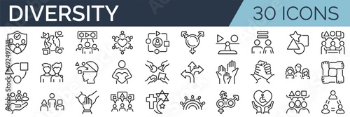 Set of 30 outline icons related to social media, social networks. Linear icon collection. Editable stroke. Vector illustration