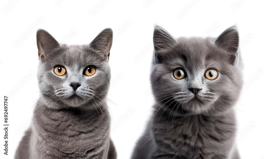 Set of Gray Cats: Kitten and Mature Gray Cat, Close-Up Shot, Isolated on Transparent Background, PNG