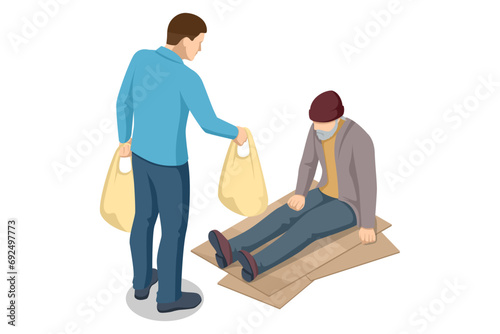 Isometric Homeless needing help, begging money man, bum. Delivery of donations for the manufacture of meals for homeless people on the streets