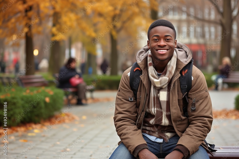 Happy Black Male University Student with Backpack on College Campus Happy Black Male University Student with Backpack on College Campus