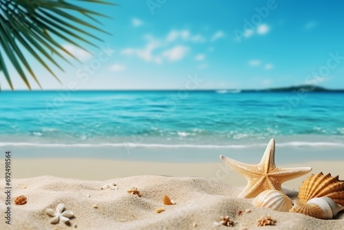 Tropical beach with sea star on sand  summer holiday background. Travel and beach vacation  free space for text.generative ai.
