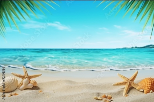Tropical beach with sea star on sand, summer holiday background. Travel and beach vacation, free space for text.generative ai.