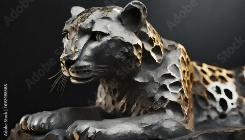 Leopard-Skulptur (Kopf) aus Stein mit goldenen Akzenten, Fell strukturiert. Künstlerische 3D-Illustration. Schwarzer Hintergrund photo