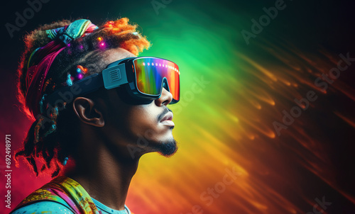 Portrait of a young man wearing virtual reality goggles. Technology of the digital cyberworld metaverse. Copy space