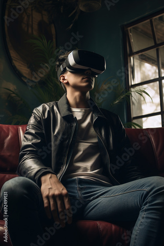 Man wearing virtual reality goggles at home. Technology of the digital cyberworld metaverse. Entering an unreal and futuristic world