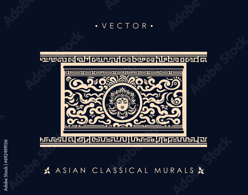 Ornate Asian Goddess Mural Design in Gold on Dark Background