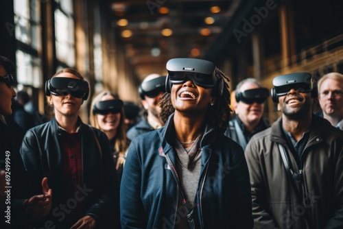 Group of developers attending a tech conference, interacting with VR technology during a break