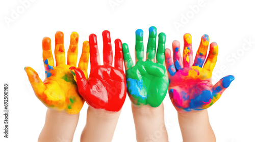 children hands covered in colourful paint on a transparent background.