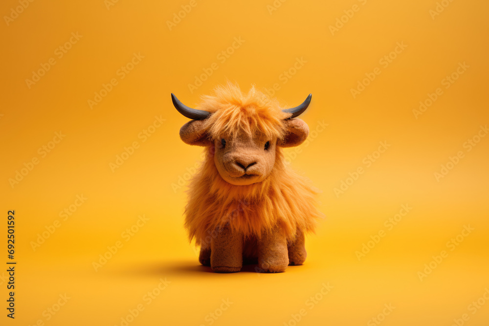 Fluffy highland cow toy with horns on vibrant orange background - obrazy, fototapety, plakaty 