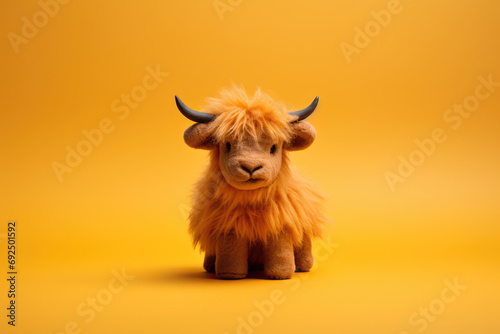 Fluffy highland cow toy with horns on vibrant orange background