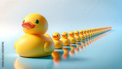 Line of rubber ducks in perspective, leadership concept on blue, ducks in a row