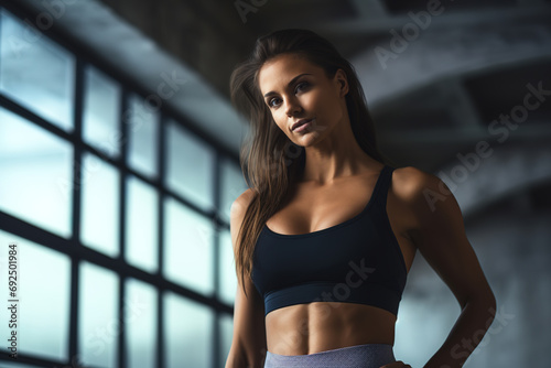 Athletic fitness woman in sportswear with perfect abs standing with hands on hips at gym.