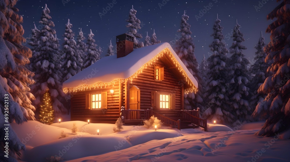 A cozy wooden cabin cottage chalet house covered in snow in winter forest with the lights turn on