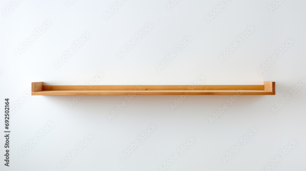 Minimalist wooden shelf on a clean white wall background with copy space Minimalist wooden shelf on a clean white wall background with copy space