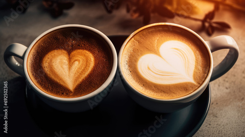 Two cups of coffee with heart-shaped foam on the coffee table. Romantic atmosphere. Romantic date. Love, valentine's day