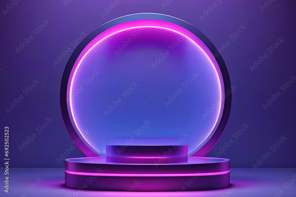 Neonlits with gradient rings and laser waves Geometric background concept for Circle podium