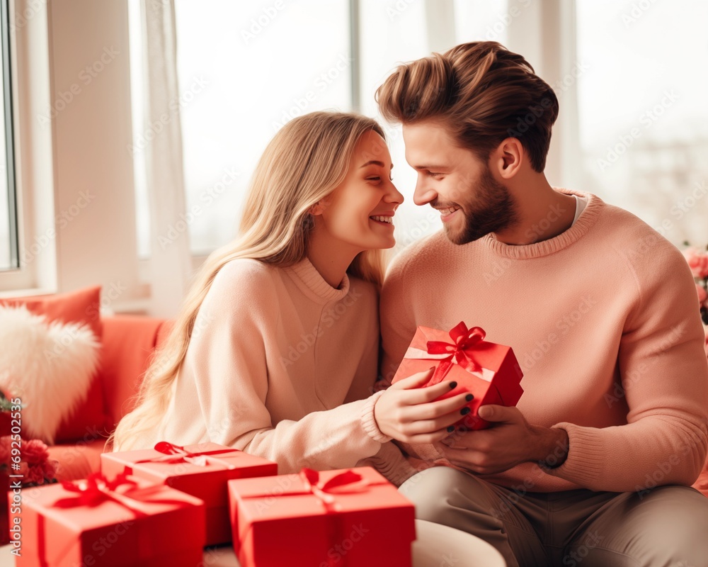 Happy smiling young couple exchanging presents Happy smiling young couple exchanging presents