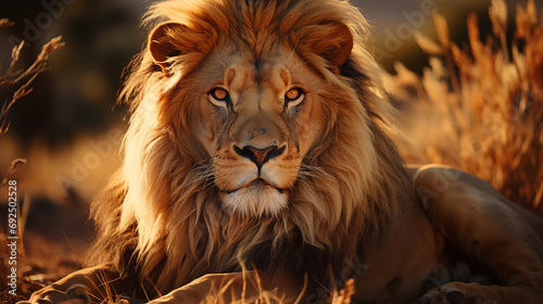 Stunning portrait of male lion standing in the desert and looking toward camera
