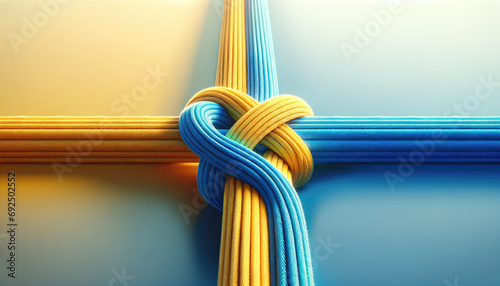 Secure knot on intertwined blue and yellow ropes, strength and connection concept photo