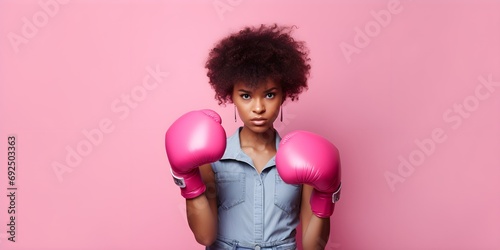 Afro girl with boxing glove on pink background, copy space