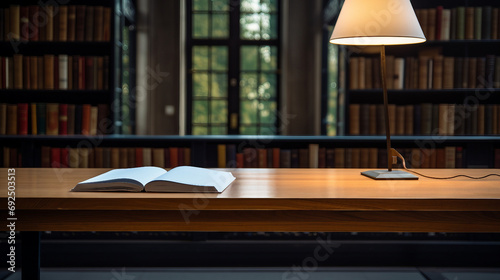 Books on a wooden table in the library