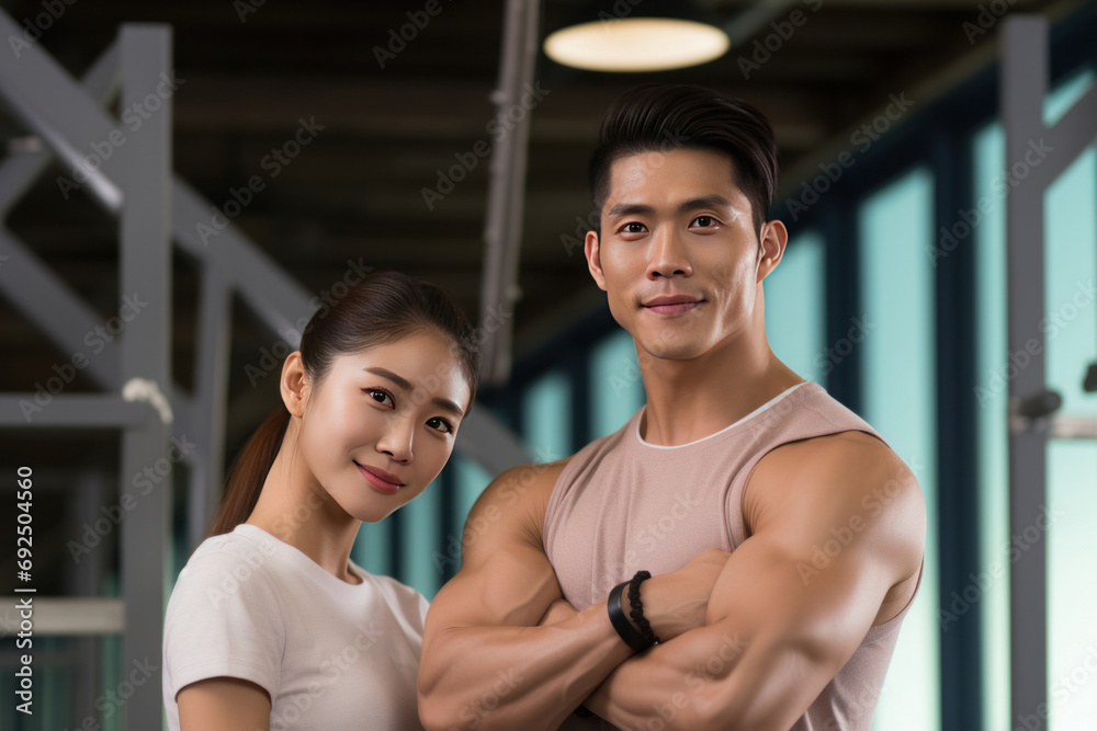 Portrait of asian couple flexing their muscles, working out in gym, health and wellness