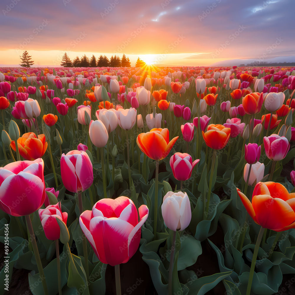 A field of tulips in various shades under a soft morning light