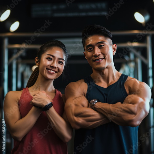 Portrait of asian couple flexing their muscles, working out in gym, health and wellness