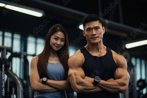 Portrait of asian couple flexing their muscles  working out in gym  health and wellness