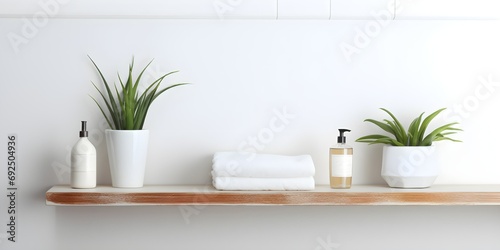 Bathroom accessories on a shelf in front of a white wall with copy space © Pascal