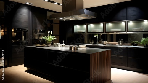 black and dark wooden colour kitchen builtin furniture home interior design background kitchen design with stylish colour and material scheme