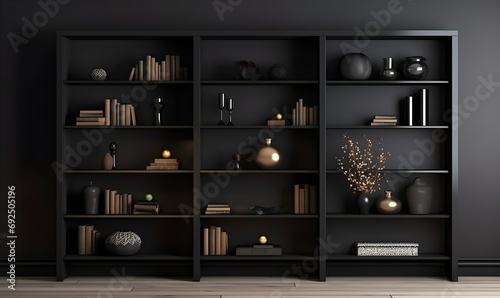 black shelves with books and decor, modern interior of living room or cabinet in house