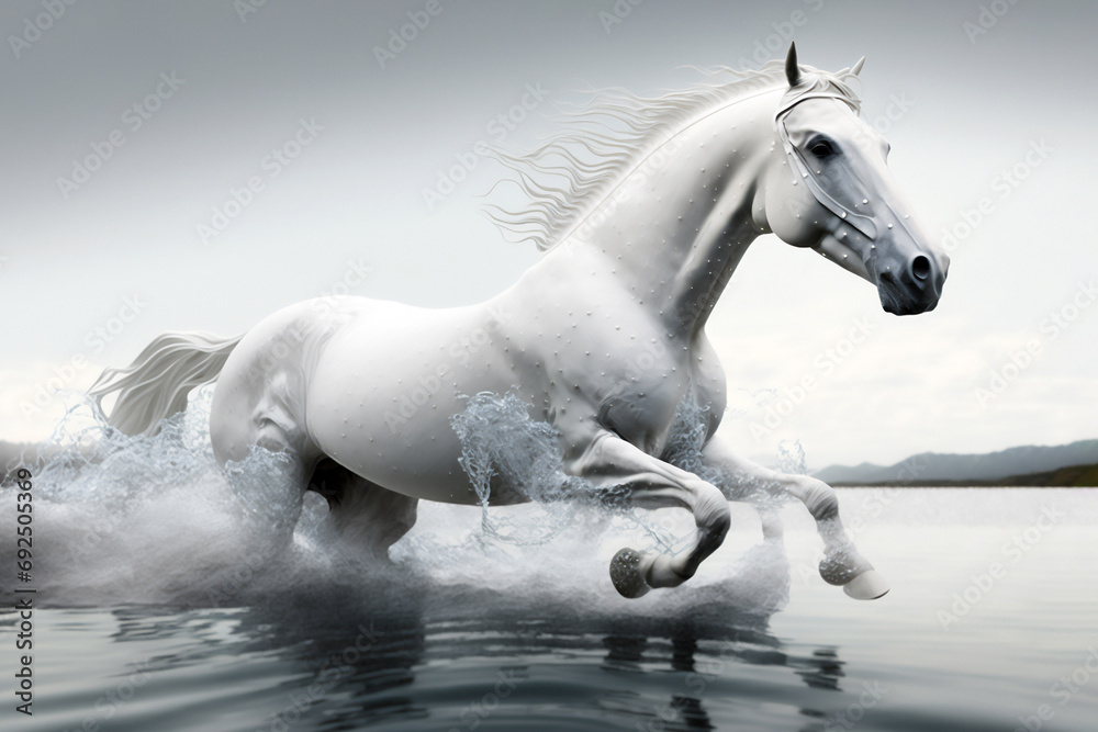 Fototapeta premium Watercolour abstract horse painting of a white equine animal running which could be used as a poster or flyer, computer Generative AI stock illustration image