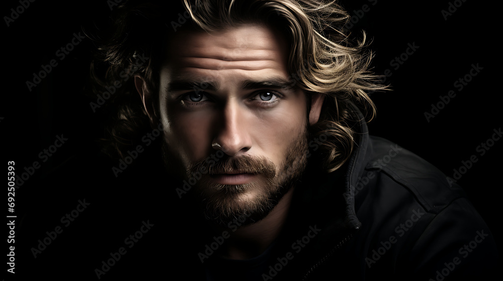 Portrait of a handsome young man with long blond hair and beard. - obrazy, fototapety, plakaty 