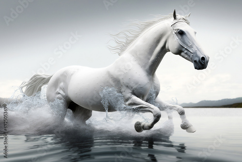 Watercolour abstract horse painting of a white equine animal running which could be used as a poster or flyer  computer Generative AI stock illustration image
