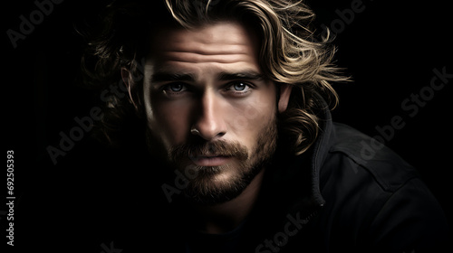 Portrait of a handsome young man with long blond hair and beard. photo