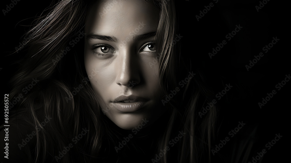 Portrait of a beautiful young woman. Black and white photo.