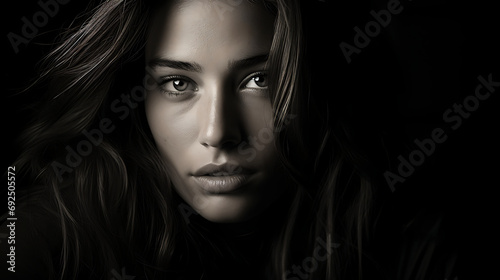 Portrait of a beautiful young woman. Black and white photo.