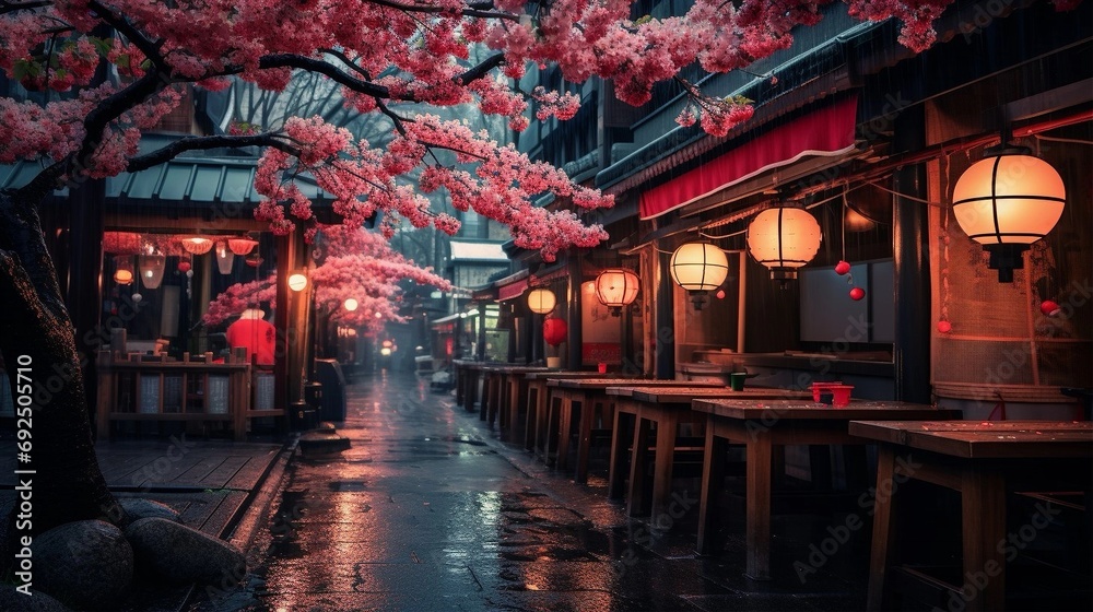 Cherry blossoms grace a quaint japanese town