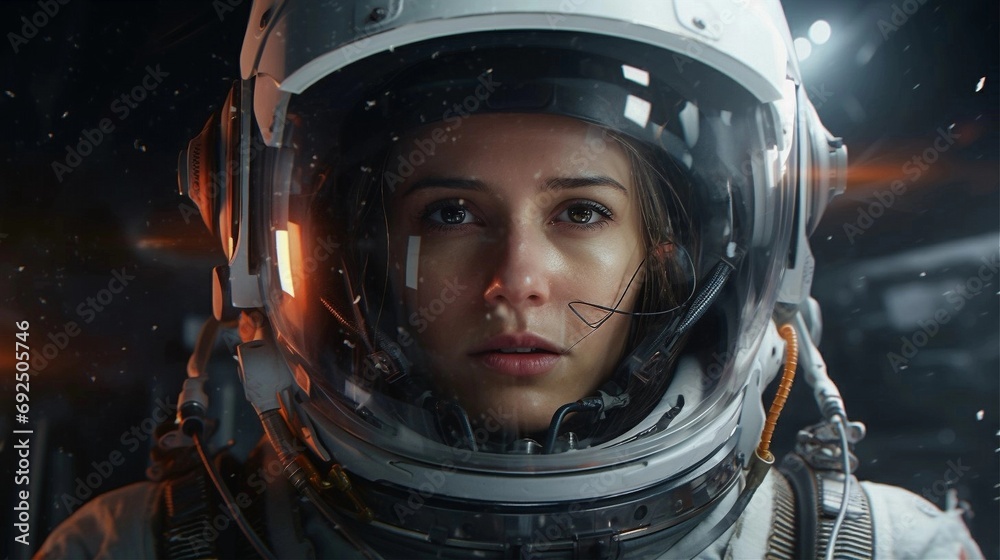 Female astronaut close-up space suit portrait exploration Female astronaut close-up space suit portrait exploration