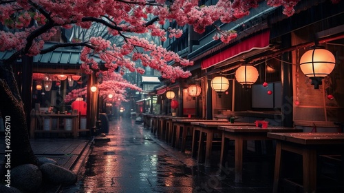 Cherry blossoms grace a quaint japanese town