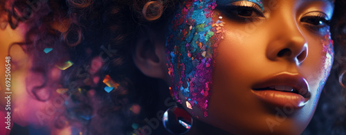 Close up portrait of a beautiful model with amazing colourful make-up photo
