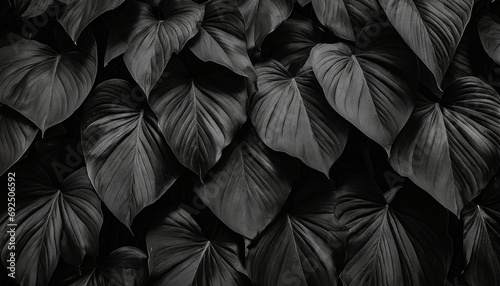 Textures of abstract flat lay black leaves tropical leaf background.dark nature concept  tropical leafs.Black and white.High quality image.