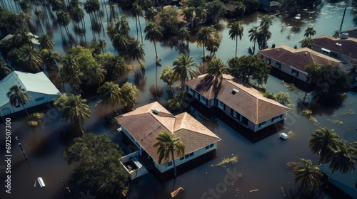 Flooded houses by hurricane rainfall in Florida residential area. Consequences of natural disaster